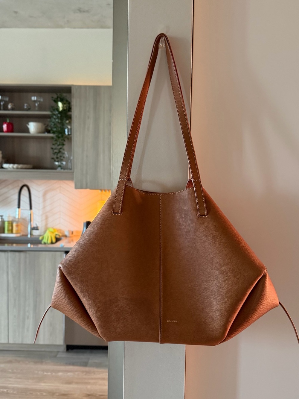 Polène Cyme Tote — Textured Camel Leather, Gold Hardware, Retail $520